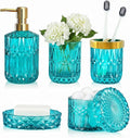 LaMarriti Teal Blue Bathroom Accessories Set, 5Pcs Clear Glass Bathroom Set, Hand Soap Dispenser Set, Soap Dish, Toothbrush Holder, Tumbler, Q-Tips Holder for Crystal Vantage Bathroom Decor