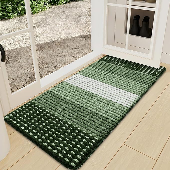 Kitinjoy Indoor Outdoor Door Mat, 47x24 Non-Slip Absorbent Dirt Trapper, Low-Profile Washable Inside Entrance Front Floor Mat, Sturdy Soft Entry Dotted Ombre Doormats for Entryway, Green