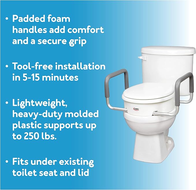 Carex 3.5 Inch Raised Toilet Seat with Arms, Round Toilet Seat Riser, 300 lbs Capacity, Elevating and Raising Seat for Elderly and Handicap, Universal, Slip-Resistant with Padded Handles, White