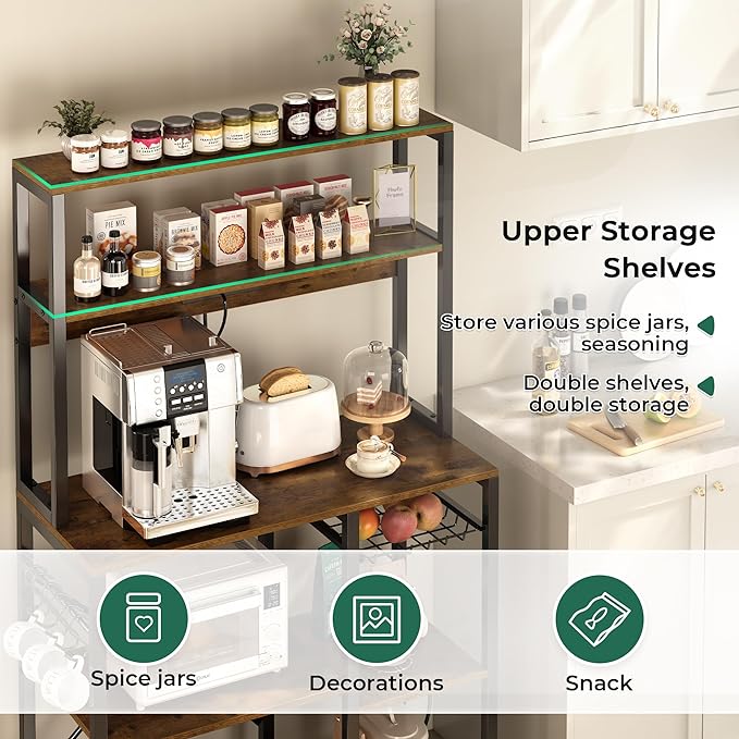 SUPERJARE Bakers Rack with Power Outlet, 35.4 Inches Coffee Bar with Wire Basket, Kitchen Microwave Stand with 6 S-Shaped Hooks, Open Storage Shelves, Rustic Brown