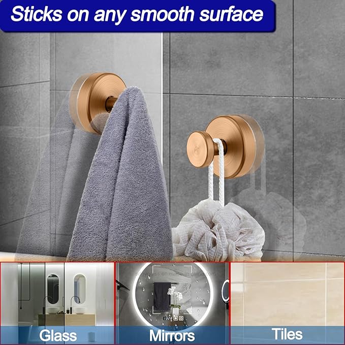 Bntuk Suction Cup Hooks for Shower, Removable Towel Hooks for Bathroom Window Glass Door Wall, Bath Robe Looafh Wreath Hook for Hanging - 2 Pack, Champagne Bronze