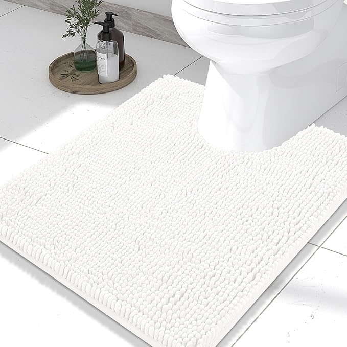 Smiry Luxury Chenille Toilet Rugs U-Shaped 24x20, Soft Absorbent Non-Slip Contour Bathroom Rugs for Toilet, Machine Washable Contoured Bath Mats, Ivory