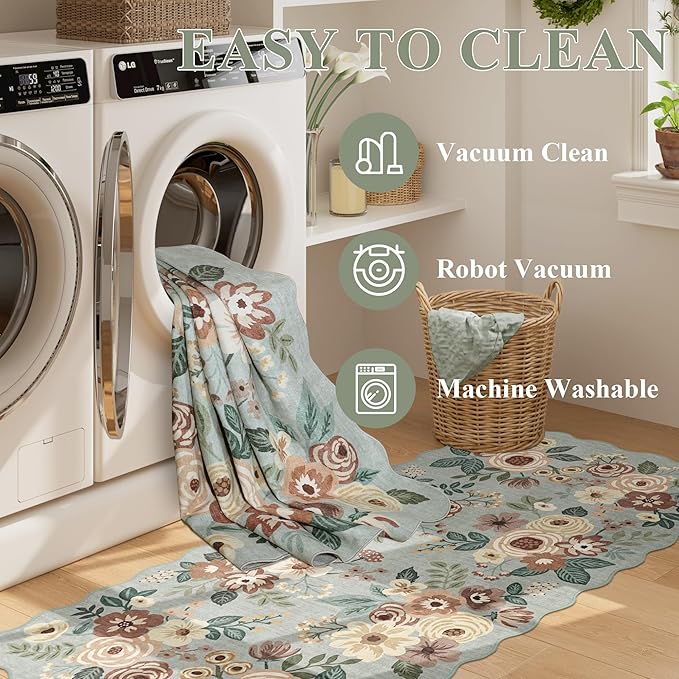 DUKINO 2x8 Washable Runner Rug, Soft Floral Hallway Rug Runner with Low Pile Design, Non Shedding & Non Slip Backing Thin Indoor Carpet for Bedroom, Bathroom, Entrance, Kitchen, Sage Green