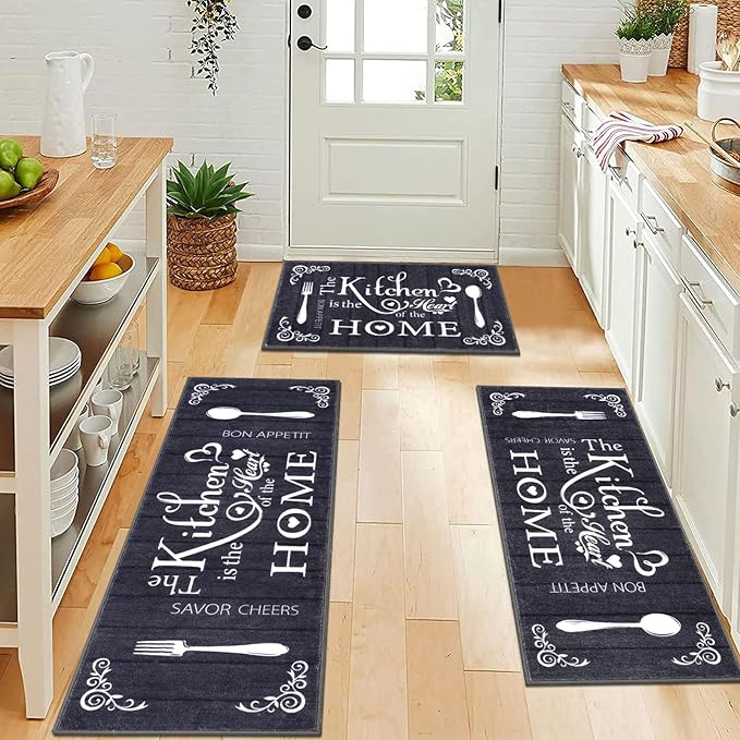 Vaukki Boho Kitchen Rug Sets 3 Pieces, Washable Kitchen Mats for Floor, Non Slip Soft Kitchen Area Rug Floor Mat for Kitchen, Laundry Room and Hallway (Black, 20''x32''+20''x47''+20''x59'')