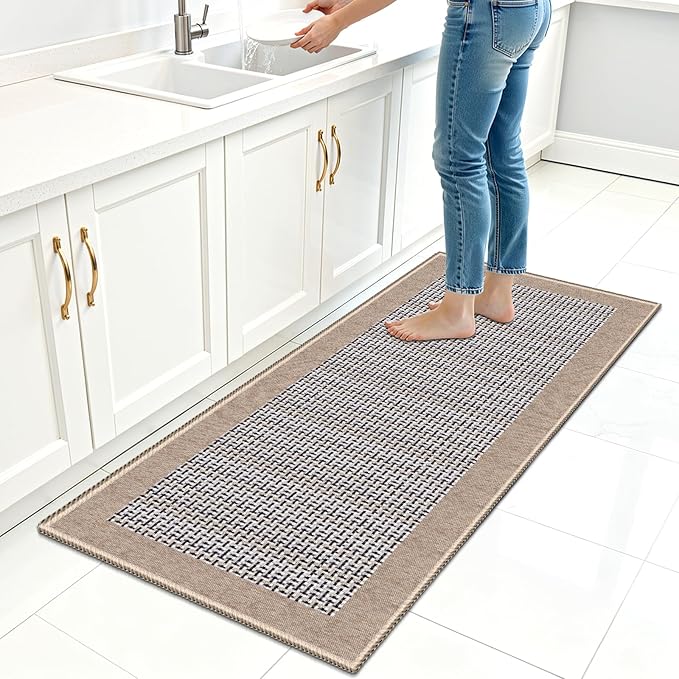 StepRite Kitchen Rugs, Kitchen Mat for Floor, 47"x20" Non-Slip Machine-Washable Commercial Floor Mat, Absorbent Heavy-Duty Rug for Office & Home, Sink Standing Mat, Entryway Carpet, Door Mat, Khaki