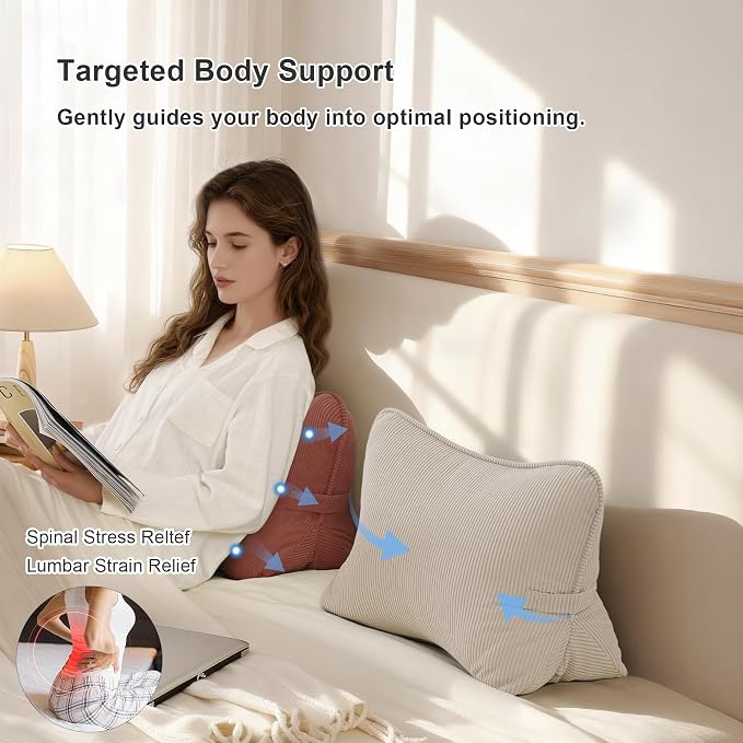 Pat. Pend. Corduroy Back Pillow for Sitting Up & Reading, Ergonomic Triangle Lumbar Support Cushion for Sofa, Armchair & Bed, Removable Cover, Brick Brown