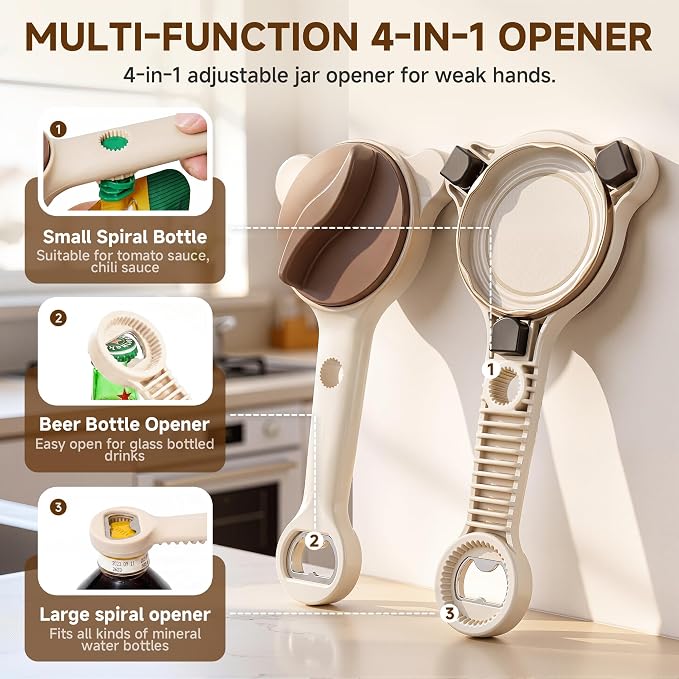 2026 Upgraded 4-in-1 Jar Opener - Adjustable Stainless Steel Lid Remover for Seniors & Arthritis Sufferers, Fits Kitchen Jars, Bottles & Cans Brown(2Pcs)