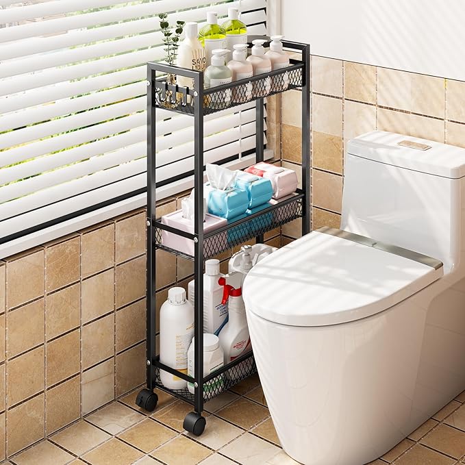 YASONIC Slim Rolling Storage Cart, Metal 3 Tier Bathroom Storage Organizer Laundry Room Utility Cart for Kitchen, Bthroom, Makeup, Craft, Laundry Narrow Places, Black
