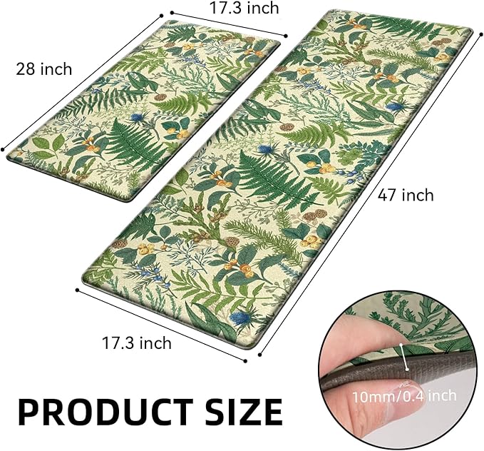 Beige Green Botanical Kitchen Rugs Set of 2 Plant Leaf Anti-Fatigue Kitchen Mat Natural Comfort Standing Waterproof PVC Mats 2/5" Thick Leather Carpet for Laundry Office Sink(17.3" x28" + 17.3" x 47")