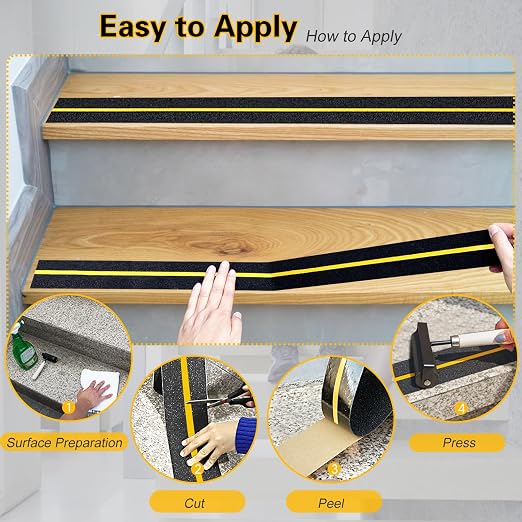 S&X Grip Tape for Stairs 4 Inch x 60 Ft, 2X Longer Heavy Duty Anti Slip Traction Tape with Reflective Strip, Outdoor Non Slip Stair Tread Non-Skid Safety Tape, Long-Lasting