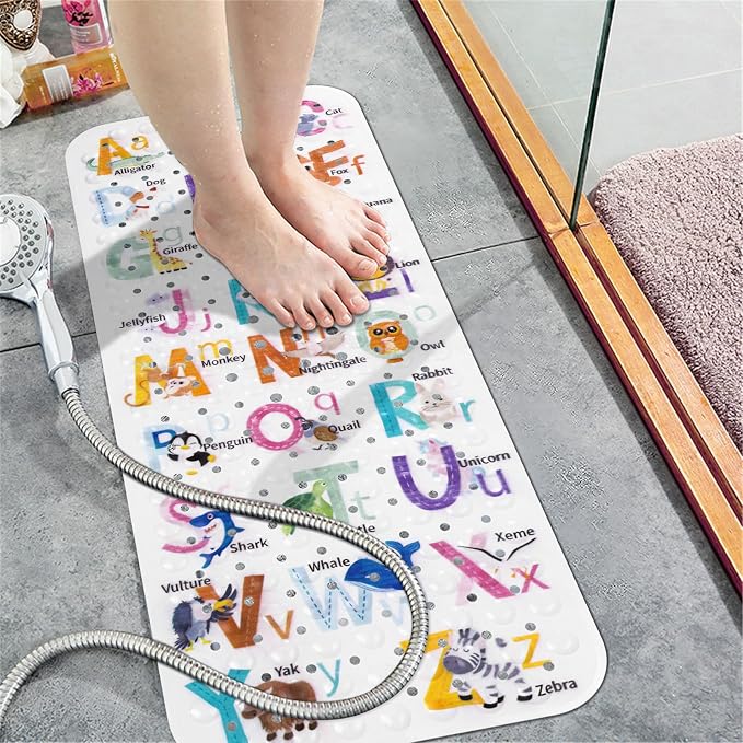 Topotdor Baby Bath Mat for Tub for Kids, 40 X 16 Inch Extra Long Toddler Bathtub Mat Non Slip, Machine Washable Bathroom Shower Floor Mat with Suction Cups & Drain Holes, Alphabet Animal