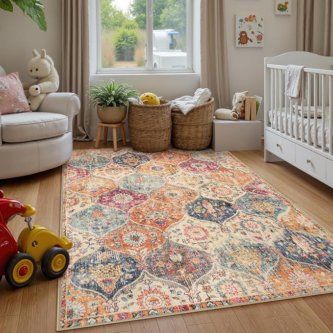 Lahome Moroccan Washable Area Rugs 9x12 Living Room, Soft 9x12 Area Rug for Bedroom, Oriental Non-Slip Non Shedding Throw Large Carpet for Dining Room Office Elise, Cream/Multi