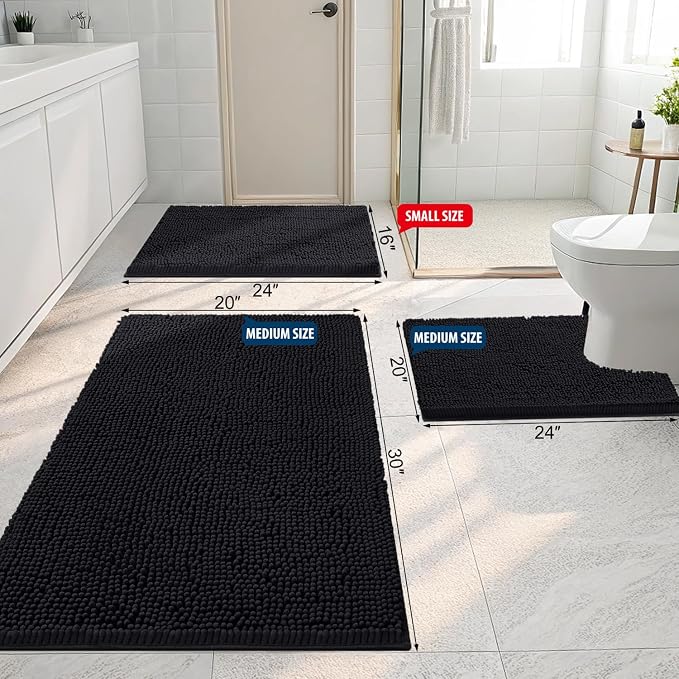 Smiry Luxury Chenille Bathroom Rugs 44x24, Extra Soft and Absorbent Shaggy Bath Mat, Machine Washable, Non-Slip Plush Carpet Runner for Tub, Shower, and Floor, Home Decor Accessories, Black