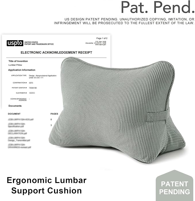 Pat. Pend. Corduroy Lumbar Support Back Pillow for Sitting Up & Reading, Ergonomic Triangle Back Support Cushion for Sofa, Armchair & Bed, Removable Washable Cover, Grey Green