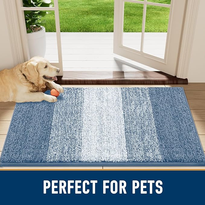 Smiry Dog Door Mat for Muddy Paws, Absorbs Moisture and Dirt, Low-Profile Entryway Mat with Non-Slip Backing, Entry Indoor Outdoor Doormat for Inside Floor (59x35 Inches, Light Blue, Striped)