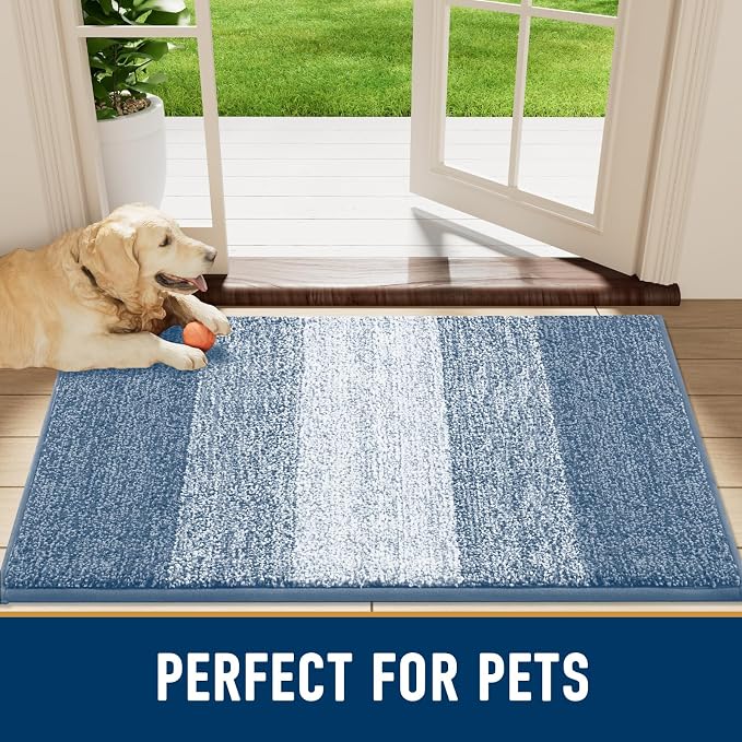 Smiry Dog Door Mat for Muddy Paws, Absorbs Moisture and Dirt, Low-Profile Entryway Mat with Non-Slip Backing, Entry Indoor Outdoor Doormat for Inside Floor (40x32 Inches, Light Blue, Striped)
