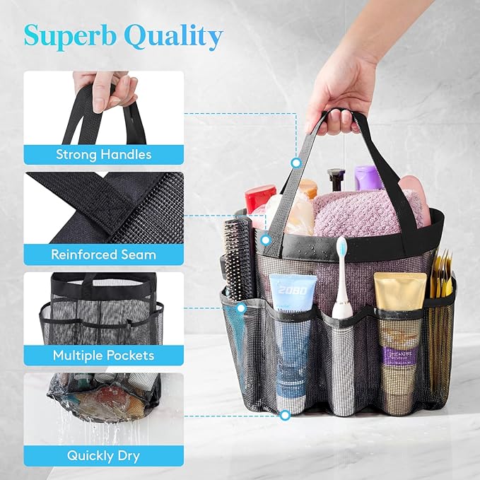 Lifewit Mesh Shower Caddy Portable for College Dorm Room Essentials with 7 Pockets, Freestanding Hanging Organizer Basket, Quick Dry Tote Bag for Camping, Bathroom, Beach, Travel, 1 Pack, Black