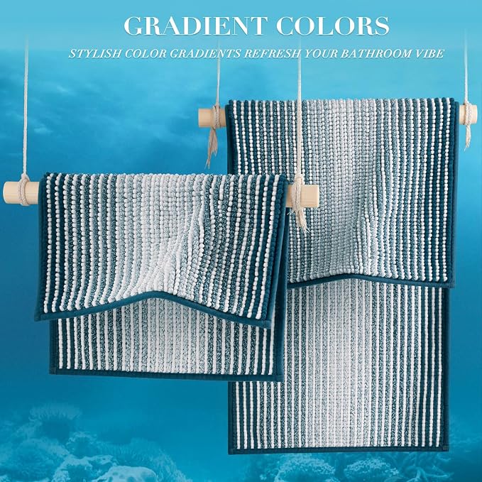 BSICPRO Bathroom Rugs and Mats Sets, 2 Piece Thick Absorbent Chenille Bath Mat Rug Set Non Slip, Soft Shaggy Bath Room Floor Mats for Bathroom, Machine Washable (Teal, 24" x 70" Plus 20" x 32")