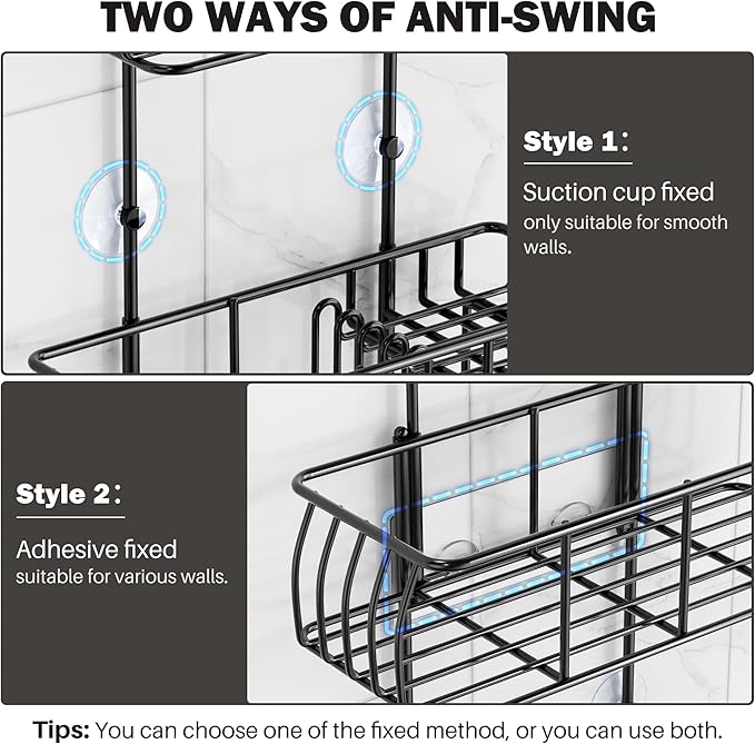 Epicano Shower Caddy Hanging Over Head, Matte Black,Stainless Steel | Rustproof,4 Hooks for Towels,Sponge and & Bathroom Accessories,Anti-Swing Suction Cups & Adhesive hooks