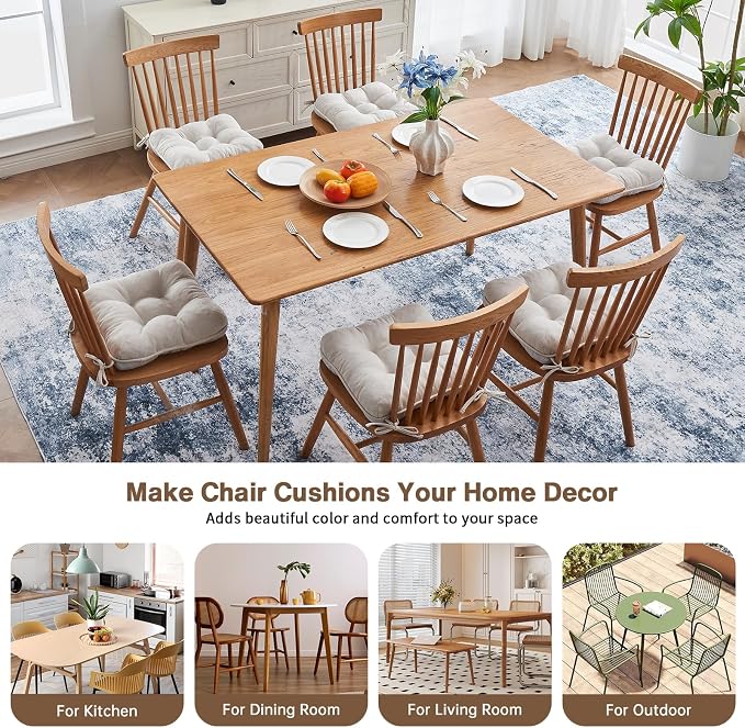 BETU Chair Cushions for Dining Chairs Set of 6,3.5" Thick Kitchen Table Chair Pads with Ties,Non Slip Backing and Covers, Seat Cushion for Dining Room,Bar,Patio Chairs,15.5"X15.5"X3.5",Beige