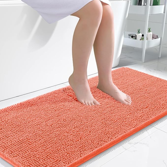 OLANLY Bathroom Runner Rugs 47x24, Extra Soft Absorbent Chenille Bath Rugs, Rubber Backing Quick Dry, Machine Washable Long Bath Mats for Bathroom Floor, Tub and Shower, Home Decor Accessories, Coral