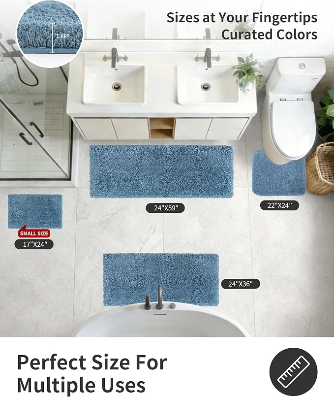 ILANGO Blue Bathroom Rugs 24" × 17" Small Non Slip & Super Absorbent Extra Thick Soft, Washable Bath Mat for Floor, Microfiber Plush Shaggy Bath Rug with Rubber for Bathtub Shower Room Sink