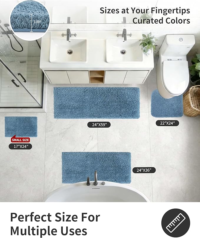 ILANGO Blue Toilet Rugs U Shaped 22" × 24" Non Slip & Super Absorbent Extra Thick Soft, Washable Bath Mats for Bathroom Floor, Microfiber Plush Shaggy Contour Bath Rugs for Toilet,Dry Quick