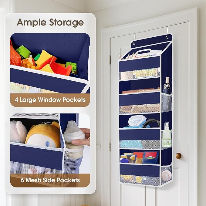 SpaceHacks 2 Pack Over The Door Organizer, Hanging Storage Organizer with Clear Window, 40lb Ultra Sturdy Large Capacity Room Organizer for Pantry Laundry Bathroom Nursery Closet (Blue)