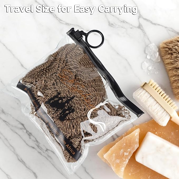SubSahara Authentic African Net Sponge - 2 Pack Exfoliating Bath & Shower Loofah Sponge for Body & Face, Gentle Scrubber for All Skin Types, Travel, Durable (Linen & Brown)