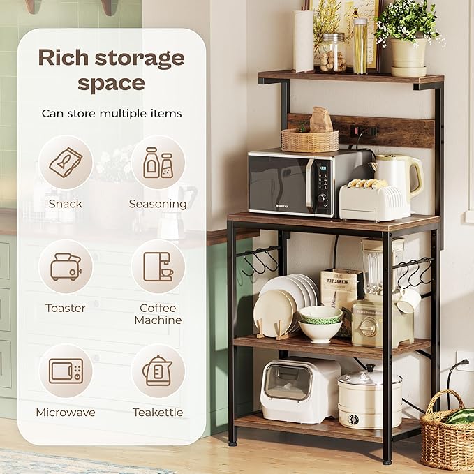 SUPERJARE Kitchen Bakers Rack with Power Outlet, Coffee Bar Table 4 Tiers, Kitchen Microwave Stand with 6 S-shaped Hooks, Storage Shelf Rack for Spices, Pots and Pans - Rustic Brown