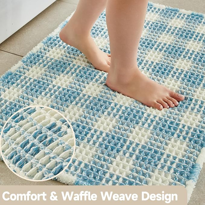 TYUU Waffle Bath Mat, Boho Bathroom Rugs Non Slip Washable Absorbent Checkered Bathroom Mat Quick Dry Cute Bath Mat, 30"x20" Blue and White
