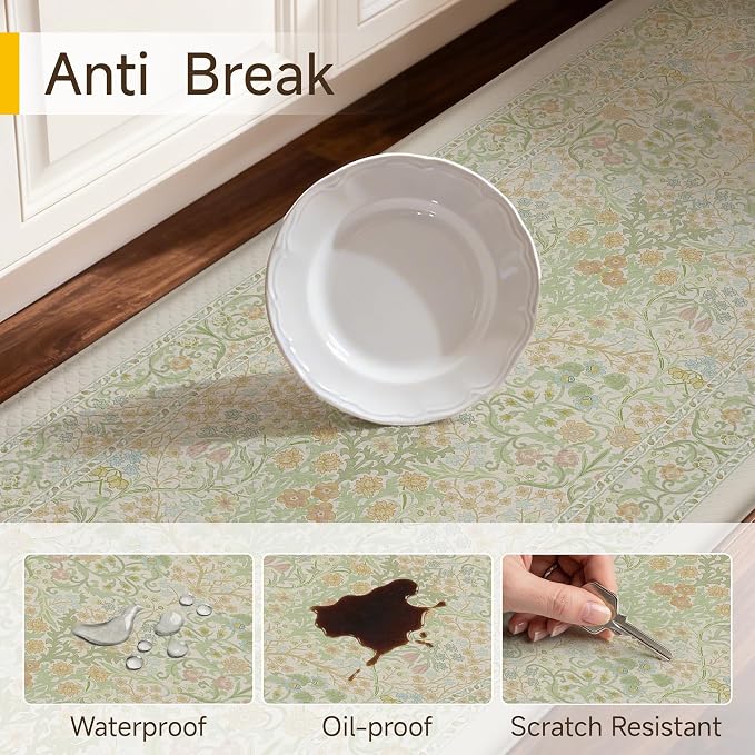 Kitchen Mats for Floor Thick Anti Fatigue Waterproof Vintage Spring Floral Kitchen Rugs 2PCS Cushioned Non Slip Green Comfort Standing Mats for Sink Laundry Office 17.3"×47"+17.3"×30"