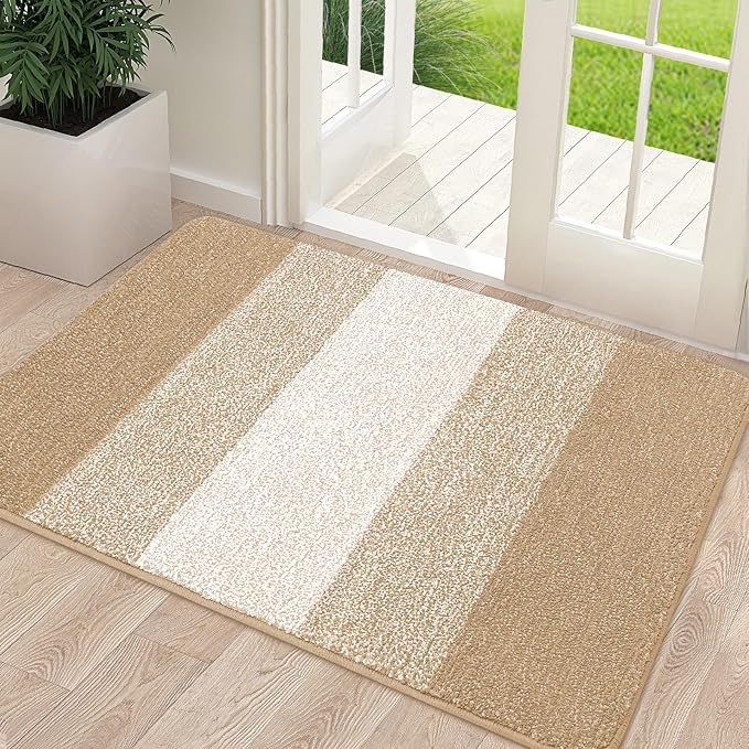 Kitinjoy Indoor Outdoor Door Mat, 40x24 Non-Slip Absorbent Dirt Trapper, Low-Profile Washable Inside Entrance Front Floor Mat, Sturdy Soft Entry Doormats for Entryway, Beige