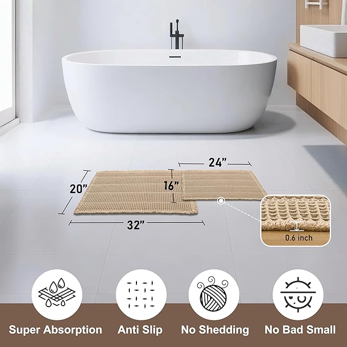 JIUZHEN Set of 2 Waffle Bath Mat Super Absorbent Bath Mats Machine Washable Waffle Rugs for Bathroom Floor Non Slip Dry Fast Bathroom Rugs for Beside Tub, 16" x 24" +20" x 32", Strip-Brown