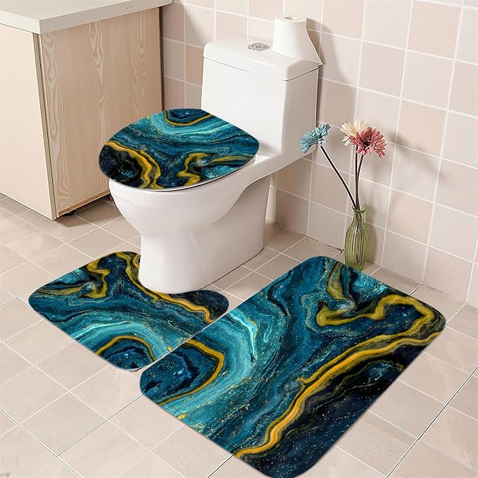 Nkzply 4 Pcs Teal Blue Marble Shower Curtain Set Turquoise Bathroom Sets with Shower Curtain and Rugs Gold Modern Abstract Bathroom Decor Accessories Bathroom Rugs Toilet Lid Cover with Hooks