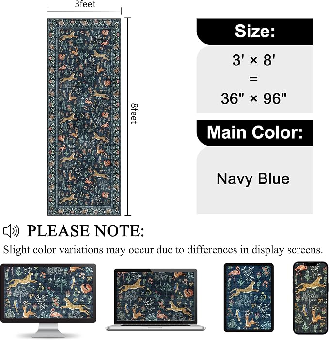 DUKINO 3x8 Washable Runner Rug, Low Pile Animal Print Non Slip Long Runner Rug for Kitchen, Lightweight & Non Shedding Indoor Carpet for Hallway, Kitchen, Entryway, Bathroom, Laundry, Navy Blue