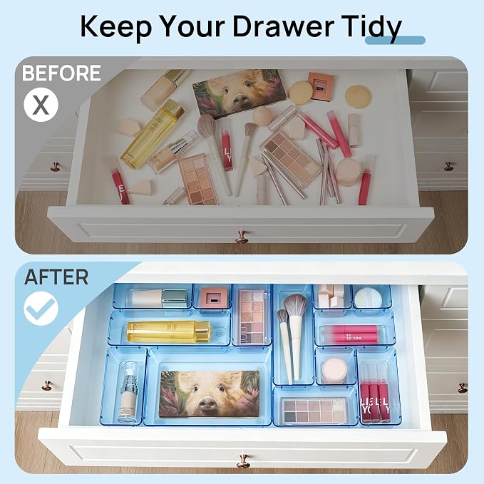 Vtopmart 25 PCS Plastic Drawer Organizers Set, 4-Size Versatile Bathroom and Vanity Drawer Organizer Trays, Storage Bins for Makeup, Bedroom, Kitchen Gadgets Utensils and Office