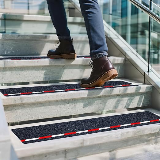 LifeGrip Anti Slip Stair Treads with Reflective Stripe (10-Pack), 6" X 28", Ourdoor Grip Tape Non Slip, Waterproof Safety Non Skid Tape, High Traction Friction Abrasive Adhesive for Step, Red/White