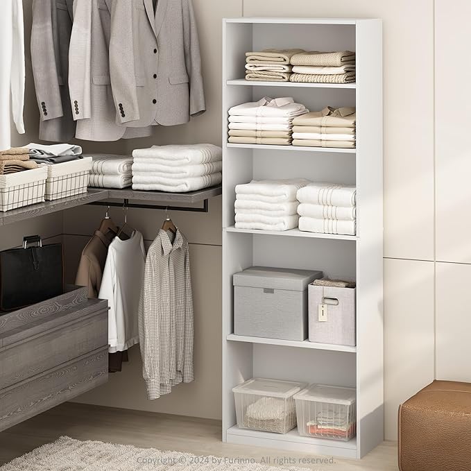 Furinno Reed Closet Organizers and Storage, 5-Tier Closet Organizer, Open Shelf Closet Storage, for Wardrobe, Bedroom, Living Room, White