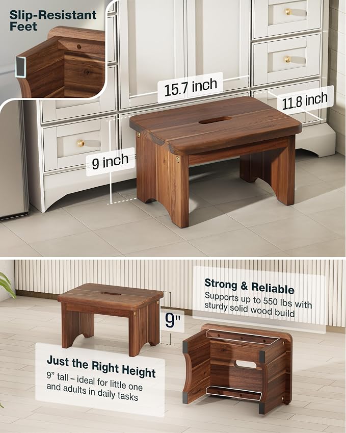 FANATU Wooden Step Stool, 9in One Step Stool for Adults, Wooden Beside Step Platform with 550 Load Capacity, Heavy Duty/Portable/Nonslip/Durable Construction Safe Step Support for Bedroom/Home Kitchen