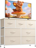 WLIVE 7 Drawer Dresser TV Stand, Entertainment Center, Media Console Table with Metal Frame and Wood Top for TV up to 45 inch, Chest of Drawers for Bedroom, Living Room, Cream White