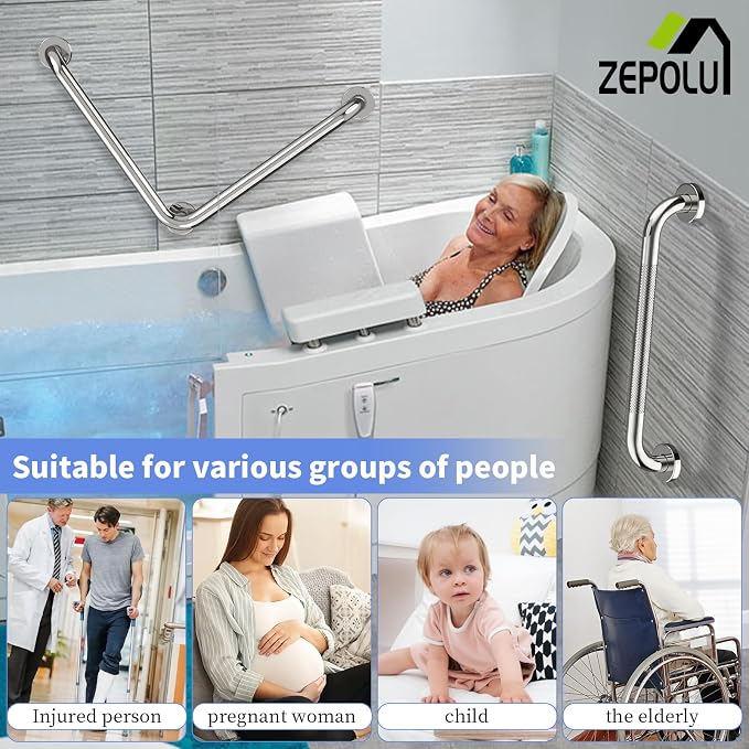 Polished Chrome L-Shaped Grab Bar 16x16 Inch + Knurled Shower Grab Rail 20 Inch, Zepolu Stainless Steel Angled Toilet Safety Bar, Bathroom Mobility Aid Handrail, Balance Support Assist Bar for Senior