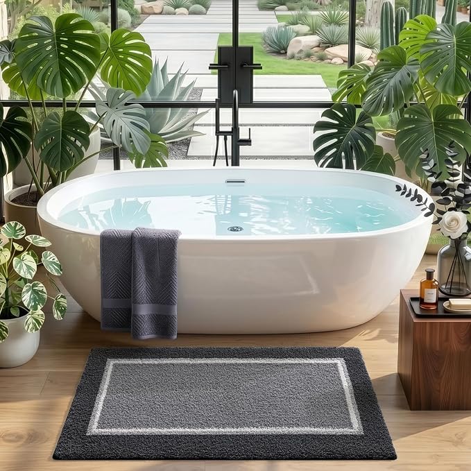 DEXI Bathroom Rugs 32x20, Absorbent Extra Soft Plush Microfiber Bath Mat for Bathroom, Non Slip Washable Bathmat Quick Dry for Shower Floor, Sink, Tub, Laundry Room, Dark Grey