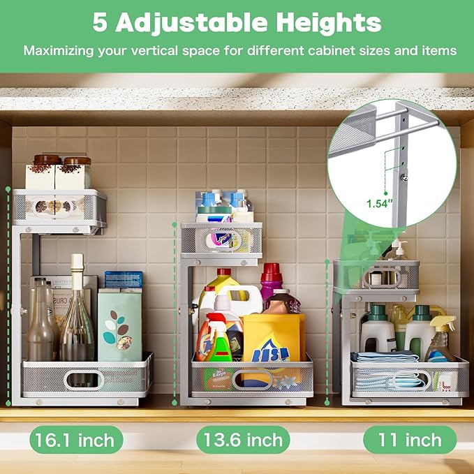 Under Sink Organizer 2 Pack, High Adjustable 2 Tier Under Sink Organizers and Storage, Slide out Metal Cabinet Organizers, Pull out Storage Drawer Shelf for Kitchen Bathroom Cabinet