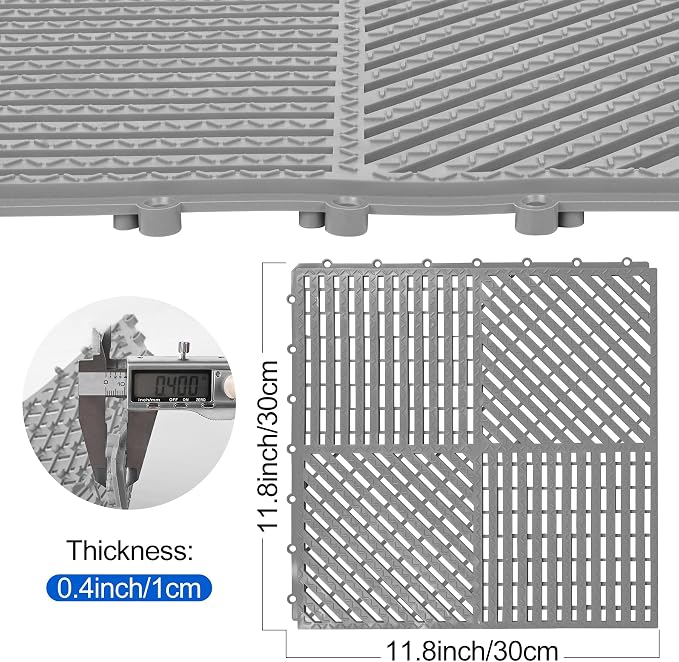ToLanbbt Modular Interlocking Cushion 12P 11.8" x 11.8" Interlocking Rubber Floor Drain Holes Non-Slip Splicing Drainage Mats for Deck, Shower, Kitchen, Drain Pool, Sauna Bath (Grey, Diagonal)