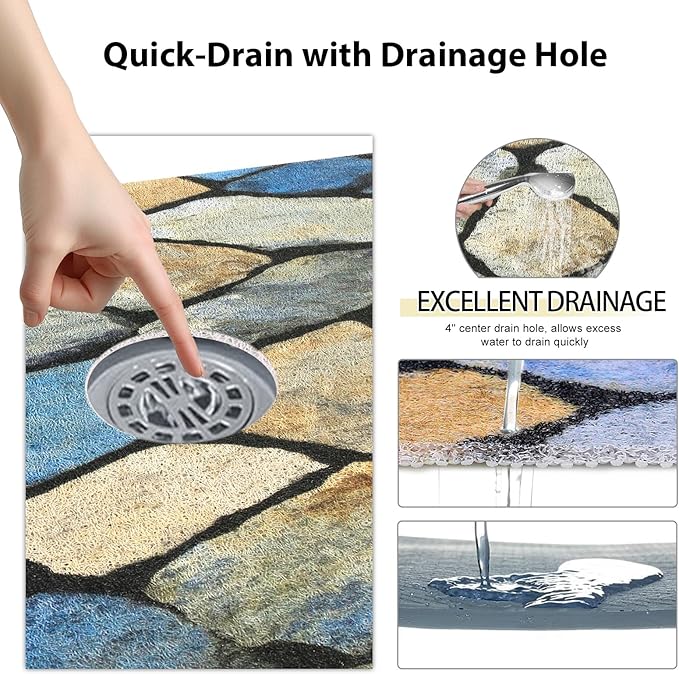 Square Shower Mat, Yonala 27 x 27 Inch Stylish Non Slip Shower Mats for Inside Shower with Central Drain Hole, Soft Trimmable PVC Loofah Anti Slip Shower Mat for Walk in Shower Stall, Quick Drying