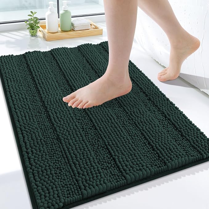 Grandaily Chenille Striped Bathroom Rugs 24x16, Extra Thick and Absorbent Bath Mats, Non-Slip Soft Plush Shaggy Shower Carpet, Machine Wash Dry, Bath Rug for Bathroom, (Small, Dark Green)