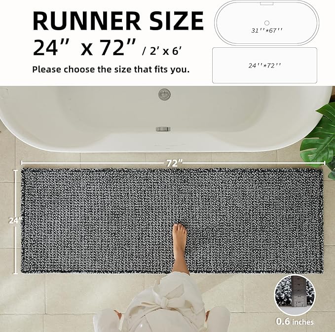 TYUU Black and White Bathroom Rugs, Waffle Runner Rug Bathroom Non Slip Washable Long Super Absorbent Quick Dry Boho Farmhouse Bath Decor, 72"x24" Black and White