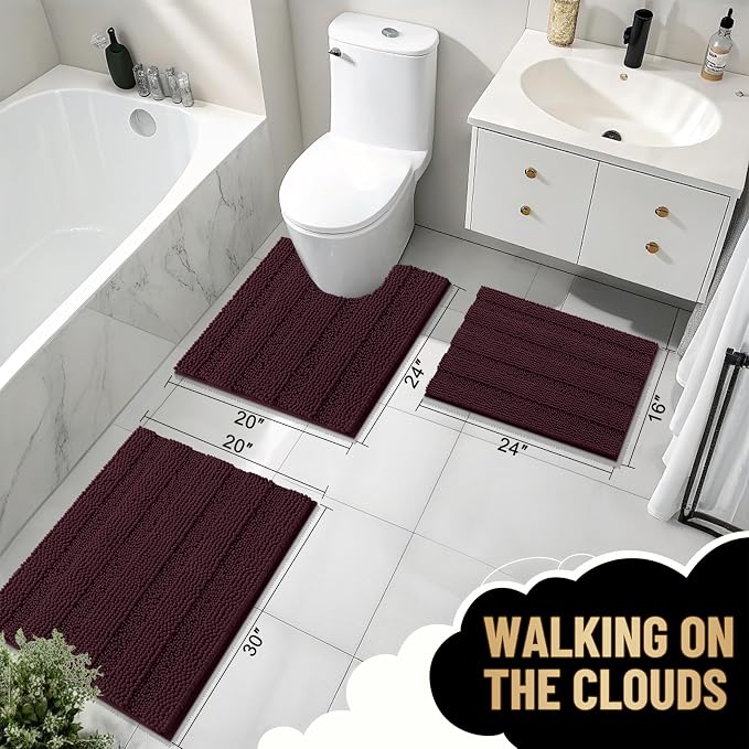 OLANLY Thick Bathroom Runner Rugs 44x24, Extra Absorbent Chenille Striped Bath Rugs, Rubber Backing, Machine Wash Dry, Long Bath Mats for Bathroom, Tub and Shower, Home Decor Accessories, Black Cherry