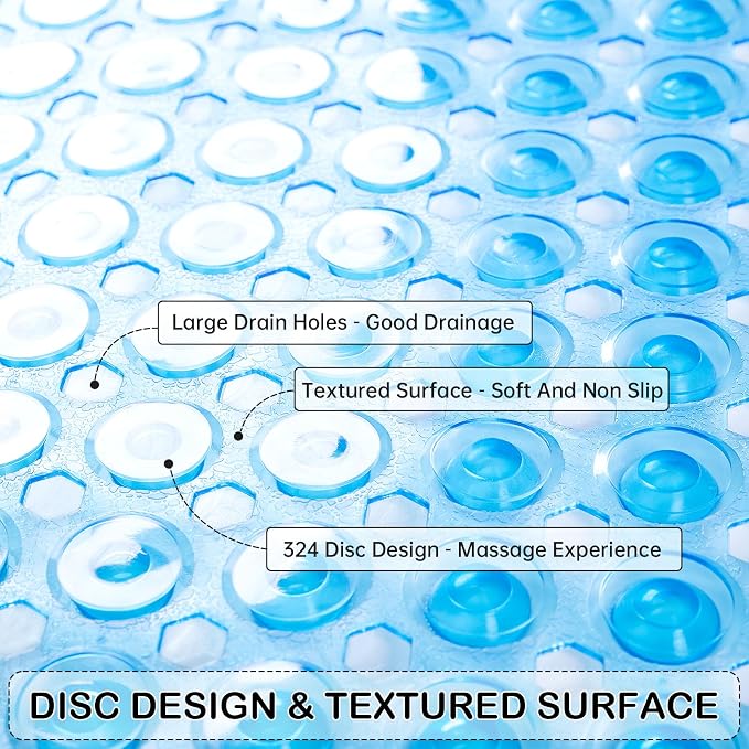 Non-Slip Bathtub and Shower Mats, Power Grip Bath Mat 35 x 16.3 Inch with Suction Cups and Drain Holes for Tub Bathroom Floor Safety, Machine Washable Soft Bathmat, Clear Blue